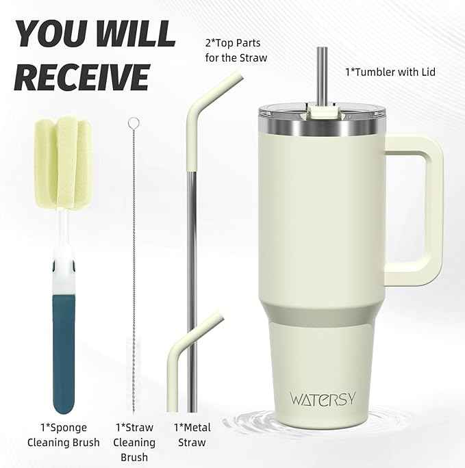 40 oz Tumbler with Handle,Tumbler with Lid and Straw,Double Wall Insulated Cup Stainless Steel Travel Mug(Cold for 34 Hours),Water Bottle for Iced Tea,Coffee,Cold Beverages(Cream White)