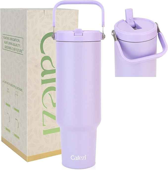 50 oz Insulated Water Bottle, Stainless Steel Water Bottles with Flip Straw and Top Handle, Leak Proof Flip, No Sweat, Fits in Cup Holder, Vacuum Insulated Cup for Home, Office, Outdoors, Car
