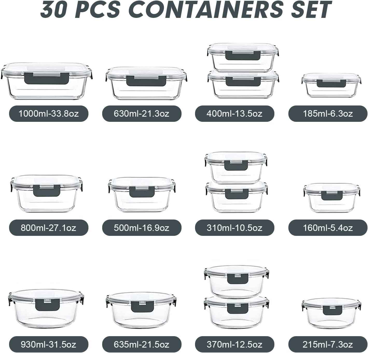 VERONES 30 Pieces Glass Meal Prep Containers Set, Stackable Glass Food Storage Containers with Lids-Airtight Lunch Containers，for Microwave, Oven, Freezer & Dishwasher,Grey
