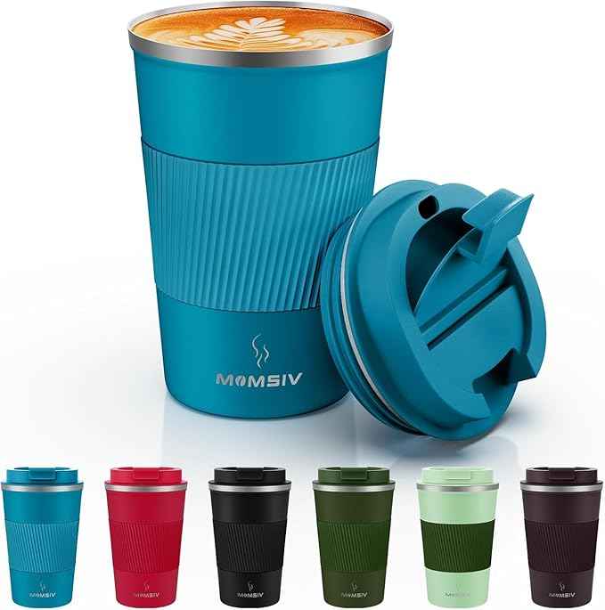 MOMSIV 12oz Travel Mug, Insulated Coffee Cup with Leakproof Lid, Travel Coffee Mug Vacuum Stainless Steel Double Walled Reusable Coffee Cup for Hot and Cold Water Coffee