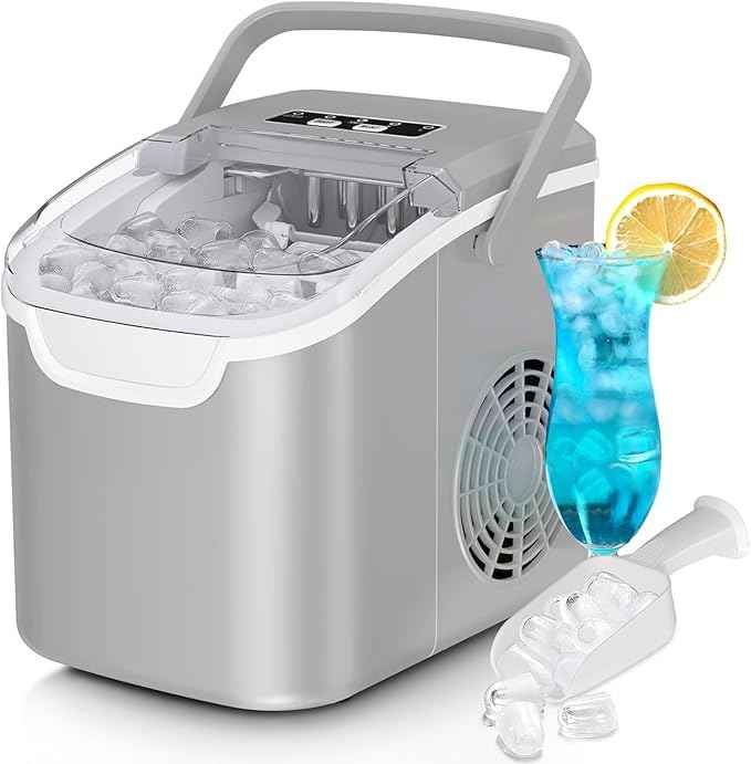 Antarctic Star Countertop Ice Maker,26Lbs/24H,9 Cubes in 6 Mins,Portable Ice Machine with Ice Scoop and Basket,2 Sizes of Bullet Ice Cube for Home Kitchen Office Bar Party, Grey