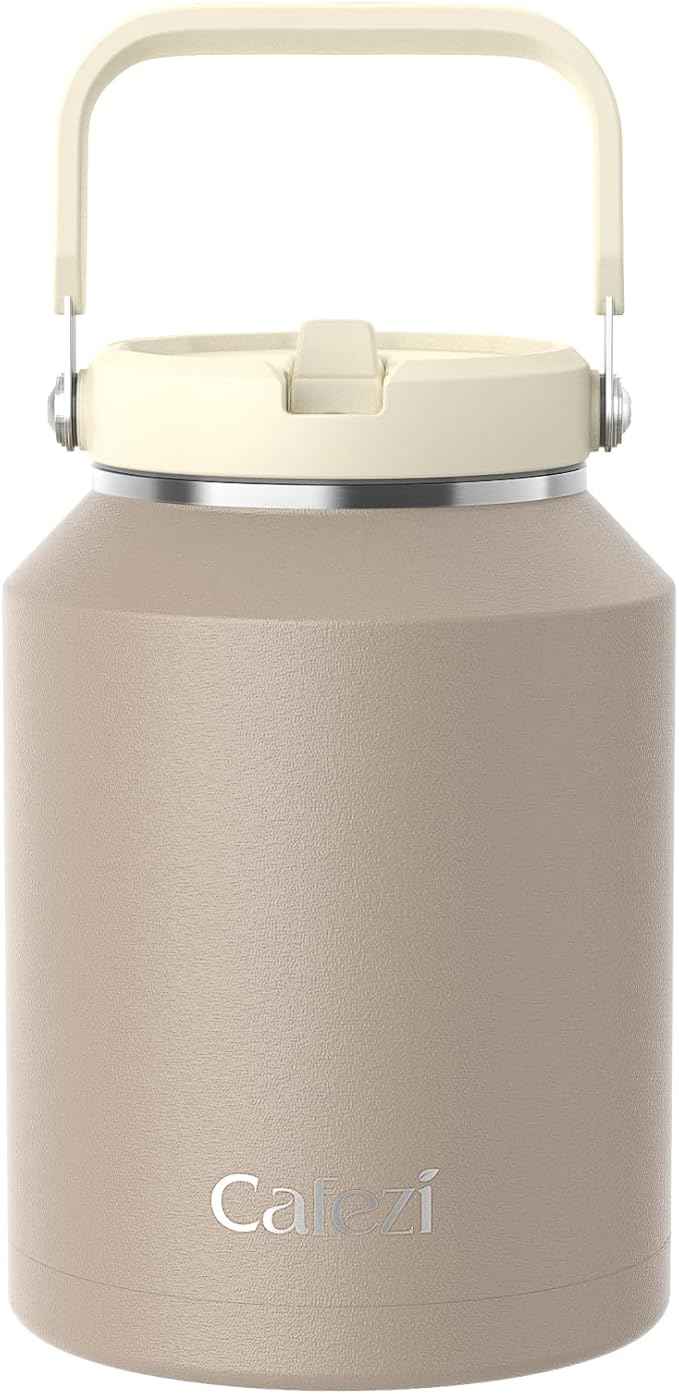 Half Gallon Insulated Water Bottle with Flip Straw, Vacuum Insulated Stainless Steel Jug with Top Handle, Leak-Proof Lid, Sweat-Free, Wide Mouth, Keeps Ice Cold up to 34 Hours