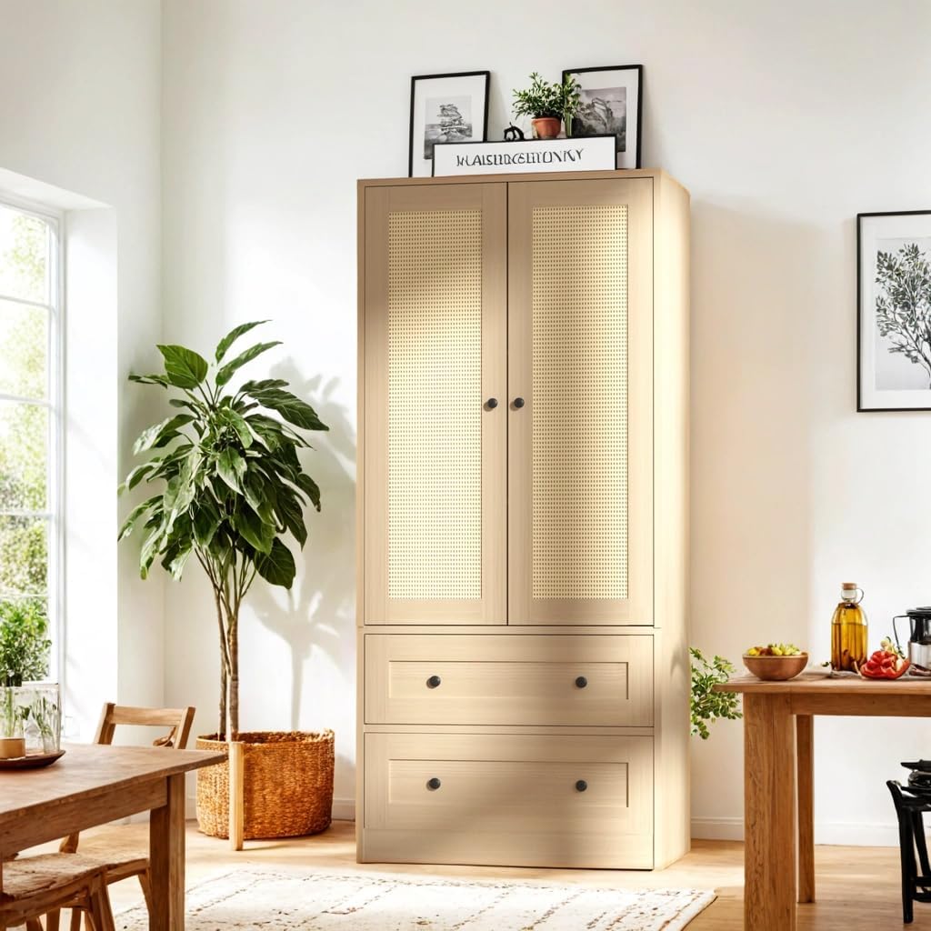 Rattan Oak Kitchen Pantry, 64.2" Tall Storage Cabinet with Doors and Drawers, Freestanding Wooden Storage Organizer for Kitchen, Dining Room