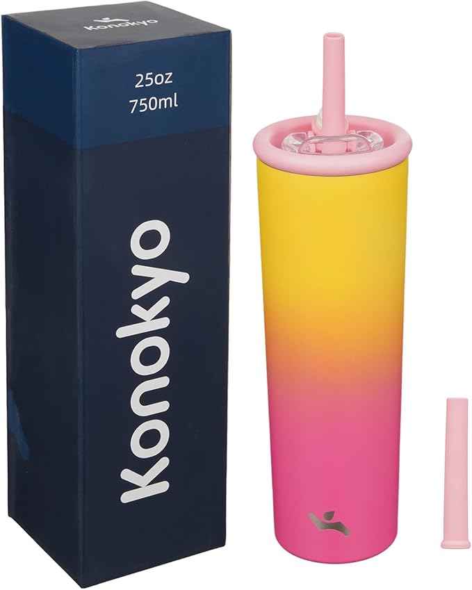 Konokyo 25oz Insulated Tumbler with Lid and Straw, Reusable Iced Coffee Cup with Lid, Travel Coffee Mug, BPA-Free, Leak-Proof and Durable, Rainbow