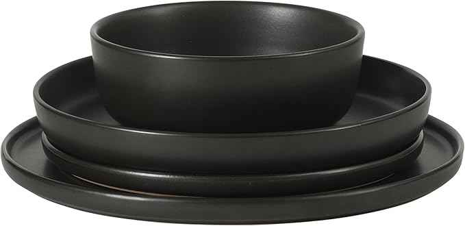 Gibson Elite Bayou Moon Plates and Bowls Sets, 16-Piece Black Matte Stoneware Dinnerware Sets, Solid Color Reactive Glaze Dish Set
