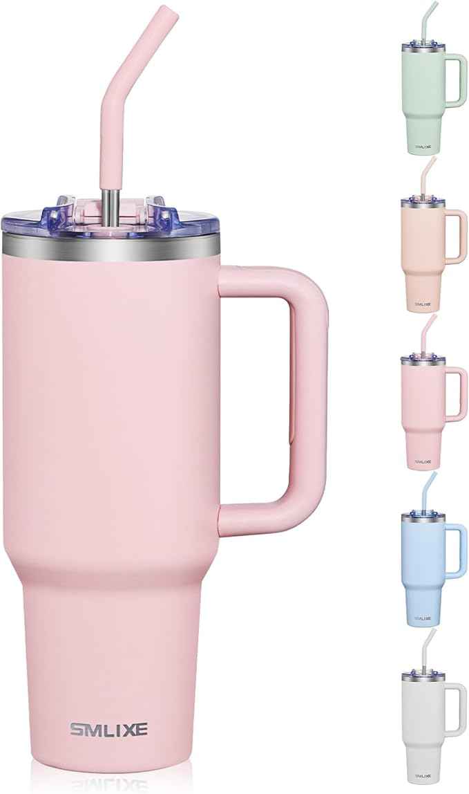 COKTIK 40 oz Tumbler With Handle and Straw, Insulated Tumbler With Leakproof Lids, Stainless Steel|BPA-Free, Cold for 24 H (Blush)