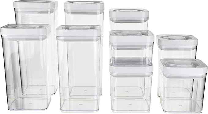 Amazon Basics Airtight Food Storage Containers, BPA Free, Dishwasher Safe, with Twist/Turn Lids, for Kitchen Pantry Organization, 10-Piece Square Set, Clear Plastic