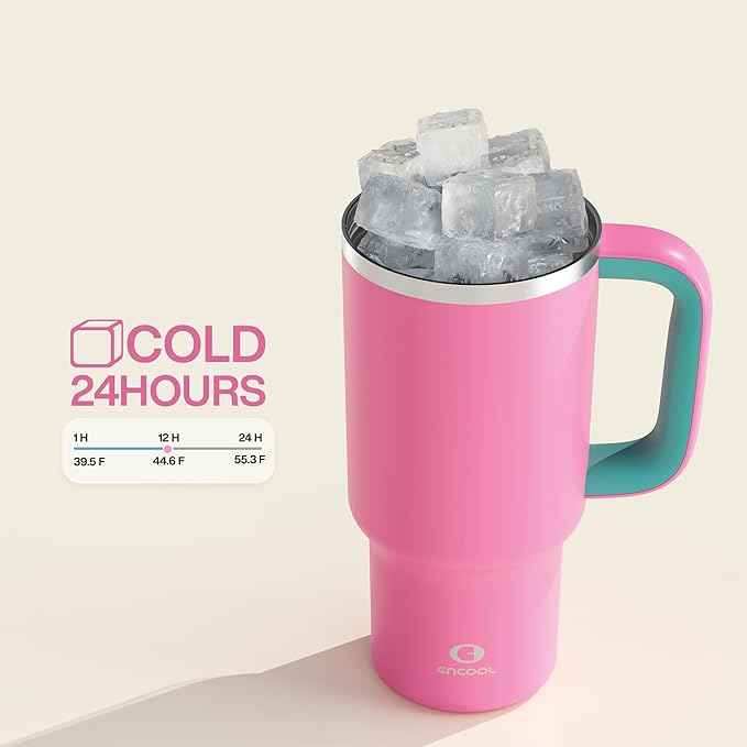 ENCOOL 32 oz Tumbler with Handle and Straw: Stainless Steel Insulated Tumbler Keeps Cold for 24 Hours, Leakproof Travel Cup Fits in Cup Holder and BPA-Free,Light Crimson