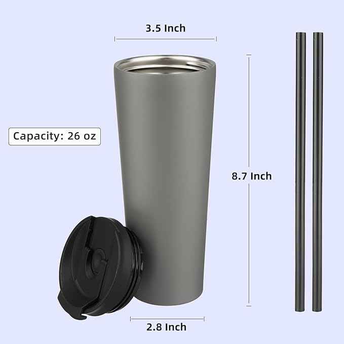 Konokyo 26 OZ Insulated Tumbler with Lid and 2 Straws Stainless Steel Water Bottle Vacuum Travel Mug Coffee Cup,Gray