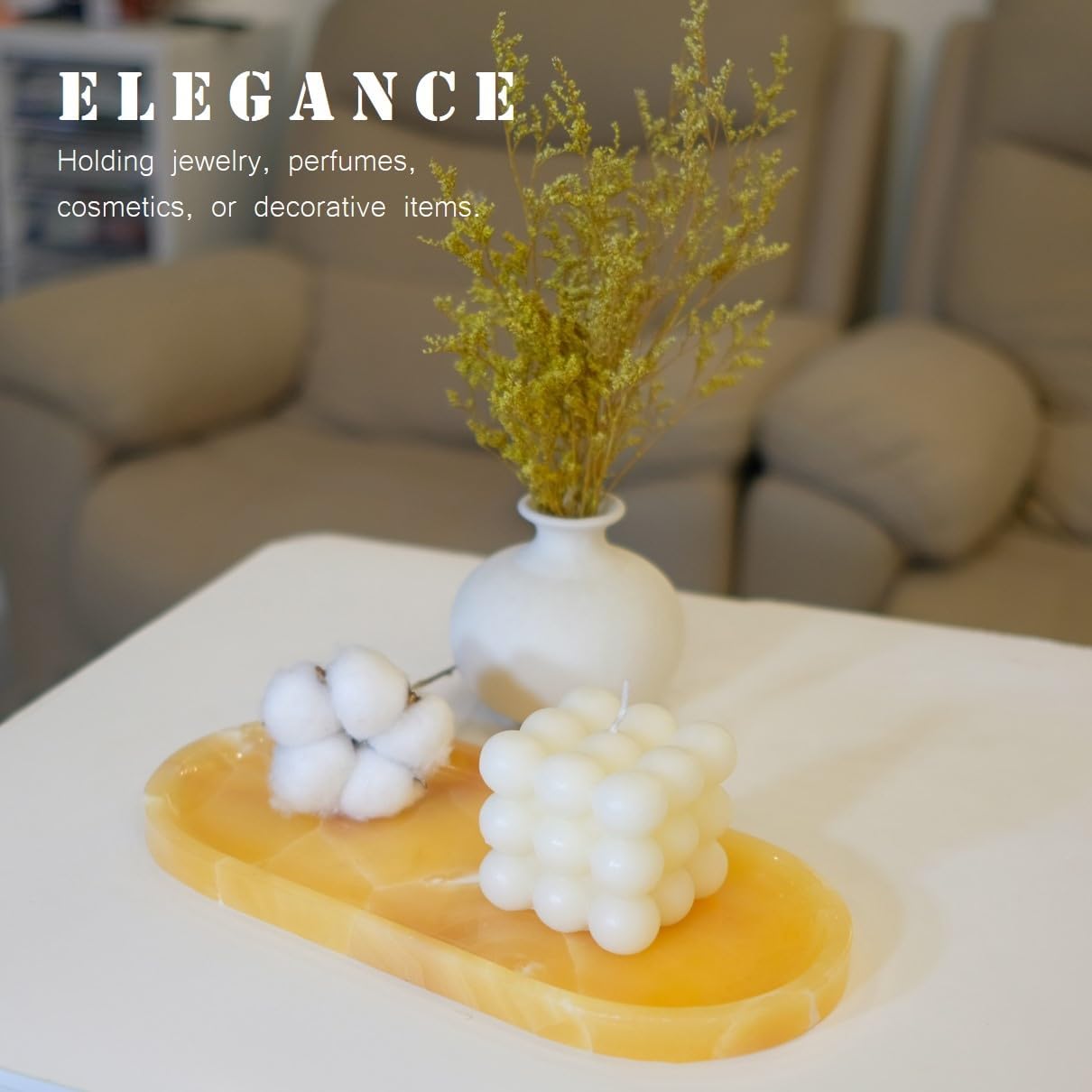 JINGJU Orange Jade Marble Oval Tray 10x5inches, Natural Stone Decorative Tray for Jewelry, Candle, Bathroom Counter, Coffee Table