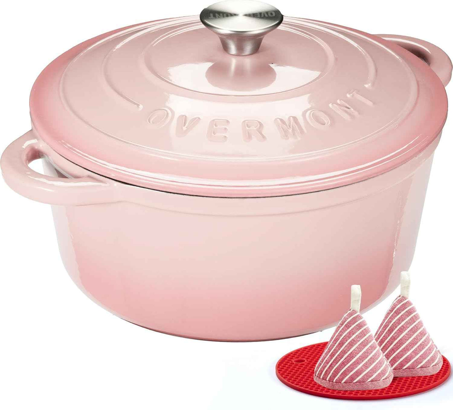 Overmont Enameled Cast Iron Dutch Oven - 5.5QT Pot with Lid Cookbook & Cotton Potholders - Heavy-Duty Cookware for Braising, Stews, Roasting, Sourdough Baking pink