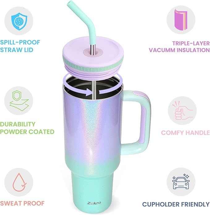 Zukro 40 oz Tumbler with Handle and Straw, Vacuum Insulated Stainless Steel Cup Fits in Cupholder for Travel, Home, Office - No Sweat & Keep Drinks Cold - Dishwasher Safe & BPA Free