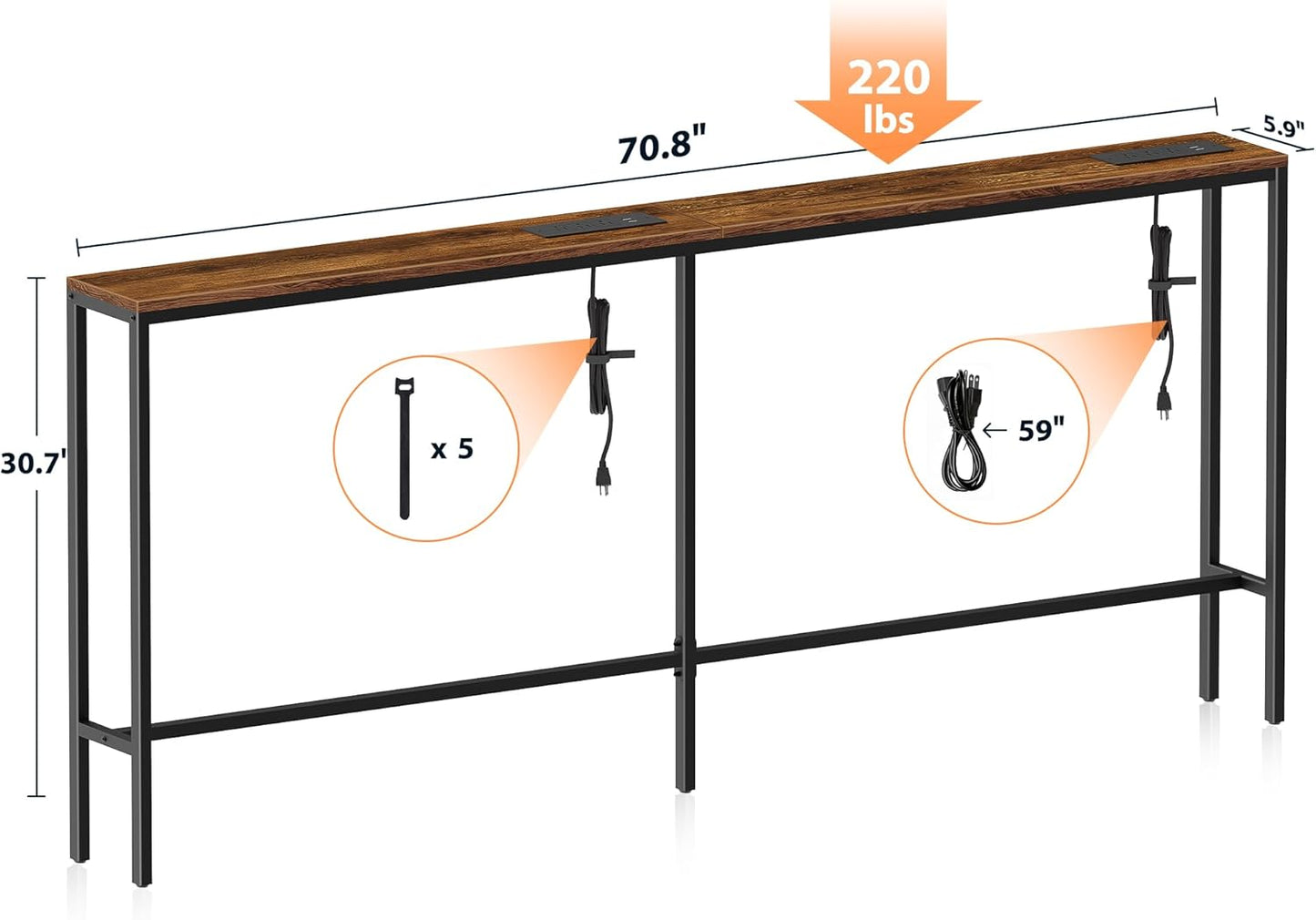 Narrow Sofa Table with 2 Power Outlets, 71” Thin Console Tables Narrow Long, Behind Couch Table Skinny, Wood Console Tables for Entryway, Living Room, Hallway, Foyer, Rustic Brown