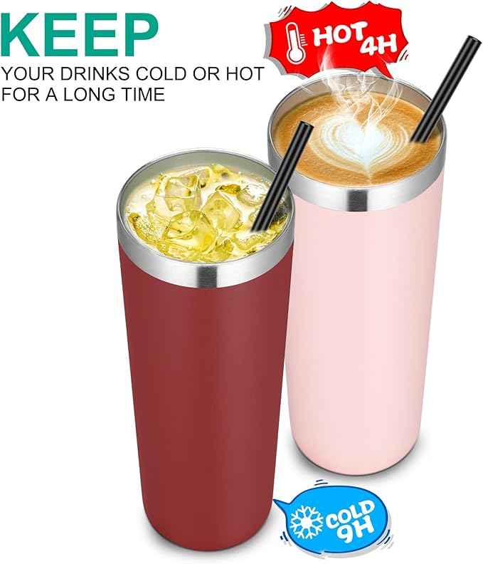 VEGOND 20 oz Stainless Steel Skinny Tumbler with Lids and Straws, 20oz Double Wall Insulated Slim Tumbler Cup for Cold Hot Drinks, Wine Red 1 Pack