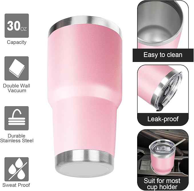 30 oz Tumbler with Lids and Straws Double Wall Vacuum Insulated Tumbler Cup,Stainless Steel Leak-proof Thermal Tumbler Travel Coffee Mug for Cold and Hot Drinks,Sakura Pink