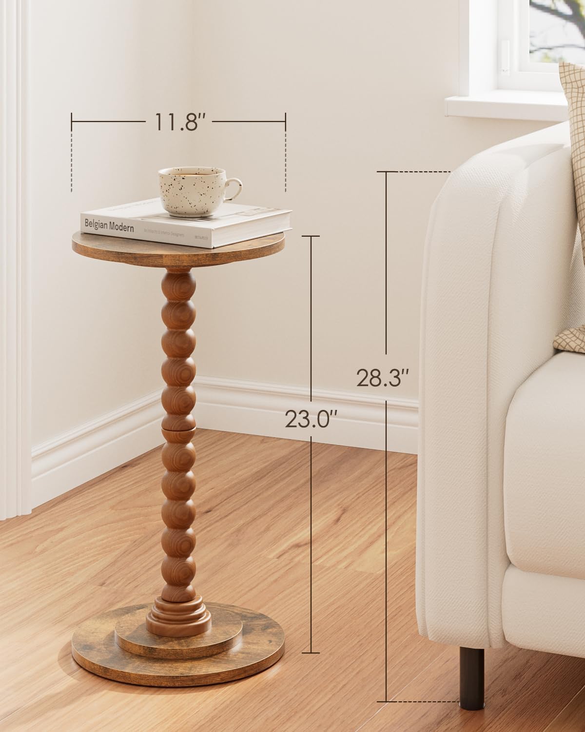 Masupu Round Side Table, Small End Table for Small Spaces, Pedestal Drink Table with Solid Wood Leg for Living Room, Bedroom, Corners(Rustic Brown)