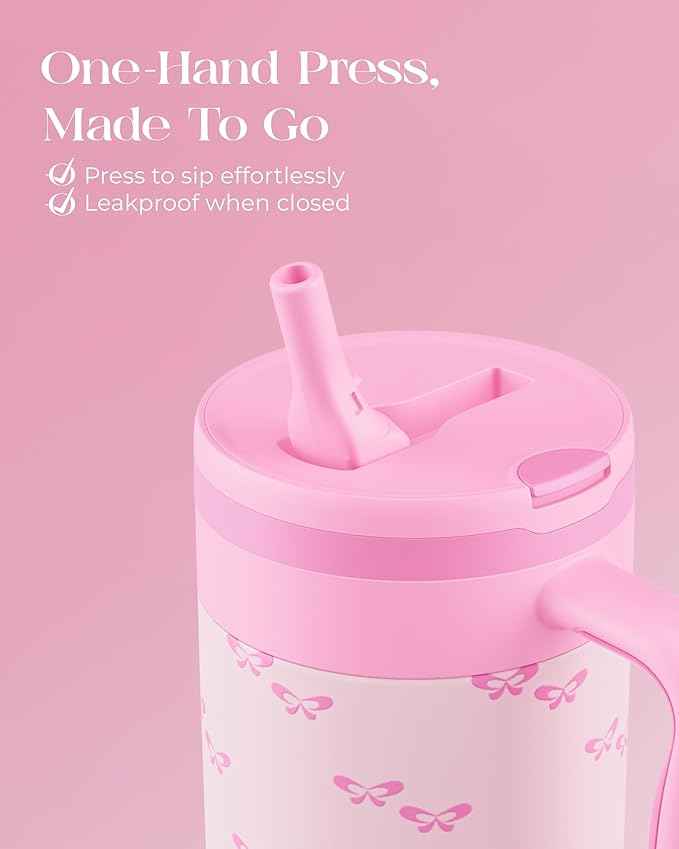 40 oz Insulated Tumbler with Handle and Push-Button Straw Lid, Stainless Steel Travel Cup for Gym Office Leakproof, BPA-Free, Cup Holder Friendly, Bow Silicone Boot, Pink (Coquette Bubblegum)
