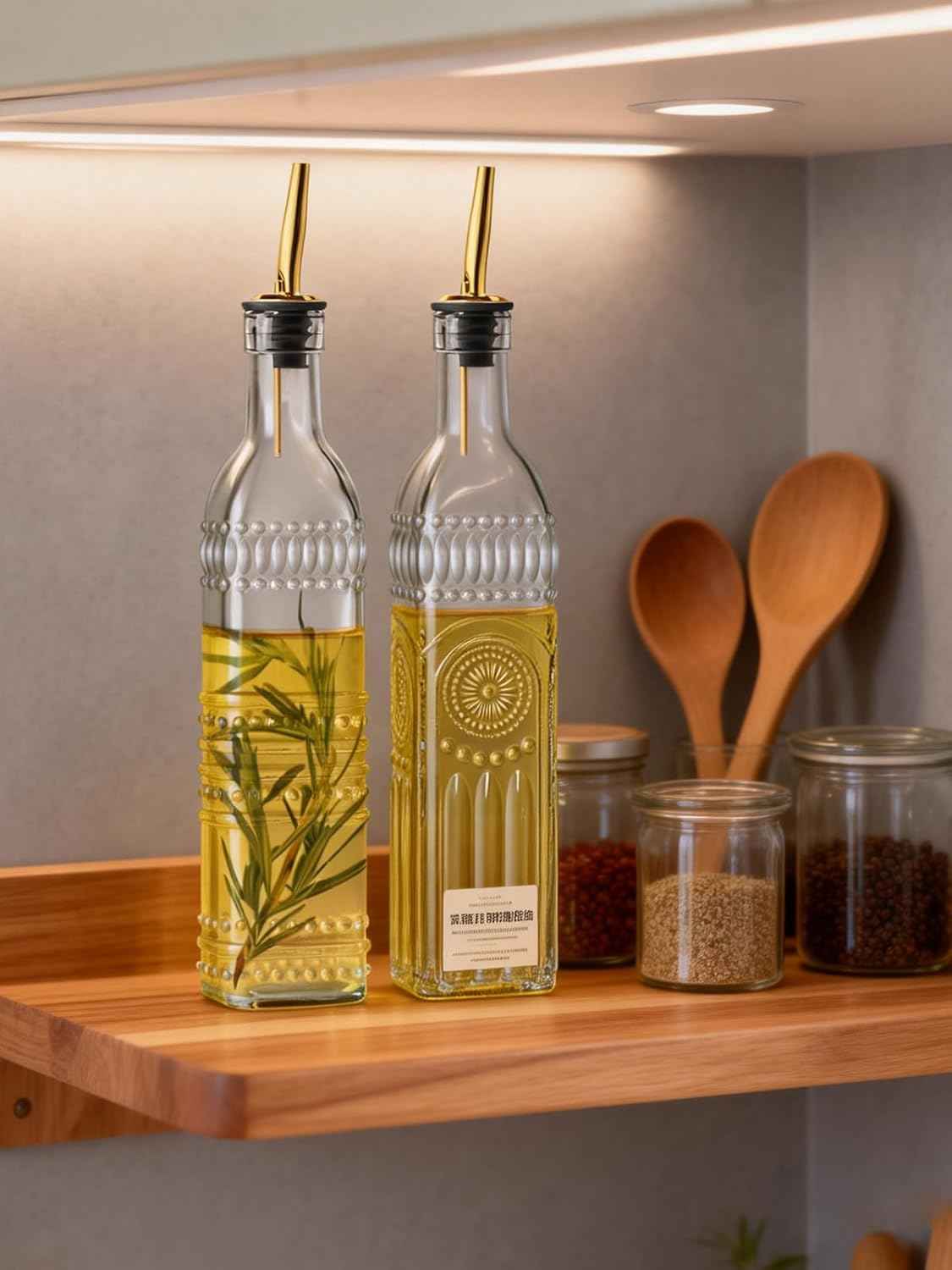 2 Pcs Olive Oil Dispenser Bottle for Kitchen,17oz Clear Glass Cooking Oil and Vinegar Dispenser Set, Coffee Syrup Dispenser with 2 Pourers and 1 Funnel (Two squares)