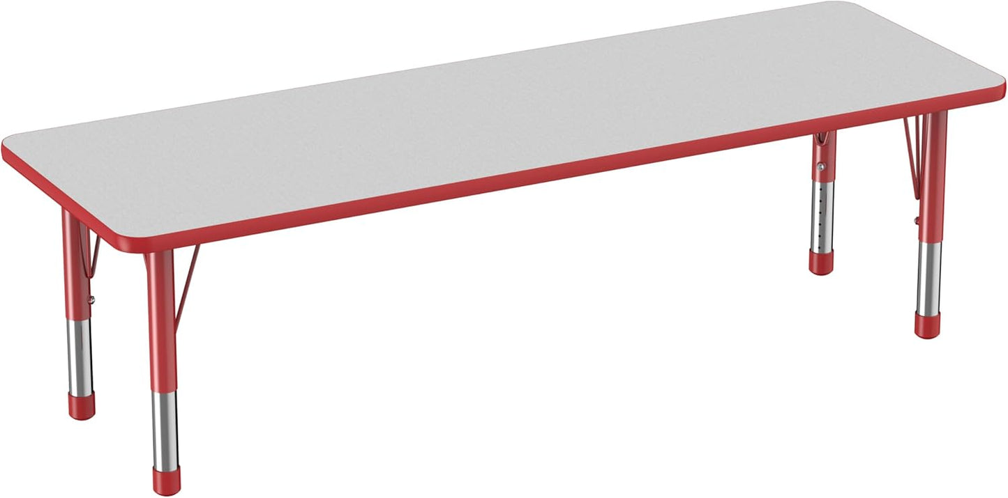 FDP Rectangle Activity School and Classroom Kids Table (24 x 72 inch), Chunky Toddler Legs, Adjustable Table Height 15-24 inches - Gray Top and Red Edge