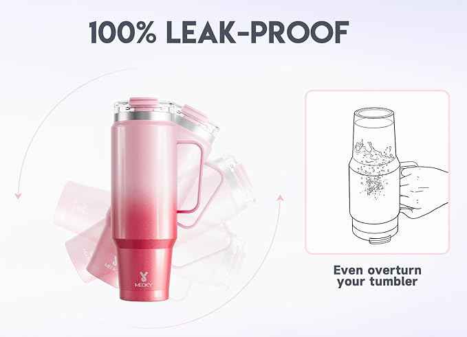 Meoky 40oz Tumbler with Handle, Stainless Steel Travel Mug with 2-in-1 Straw and Sip Lid, Vacuum Insulated Coffee Mug, 100% Leak Proof, Keeps Cold for 34 Hours or Hot for 10 Hours (Flamingo)