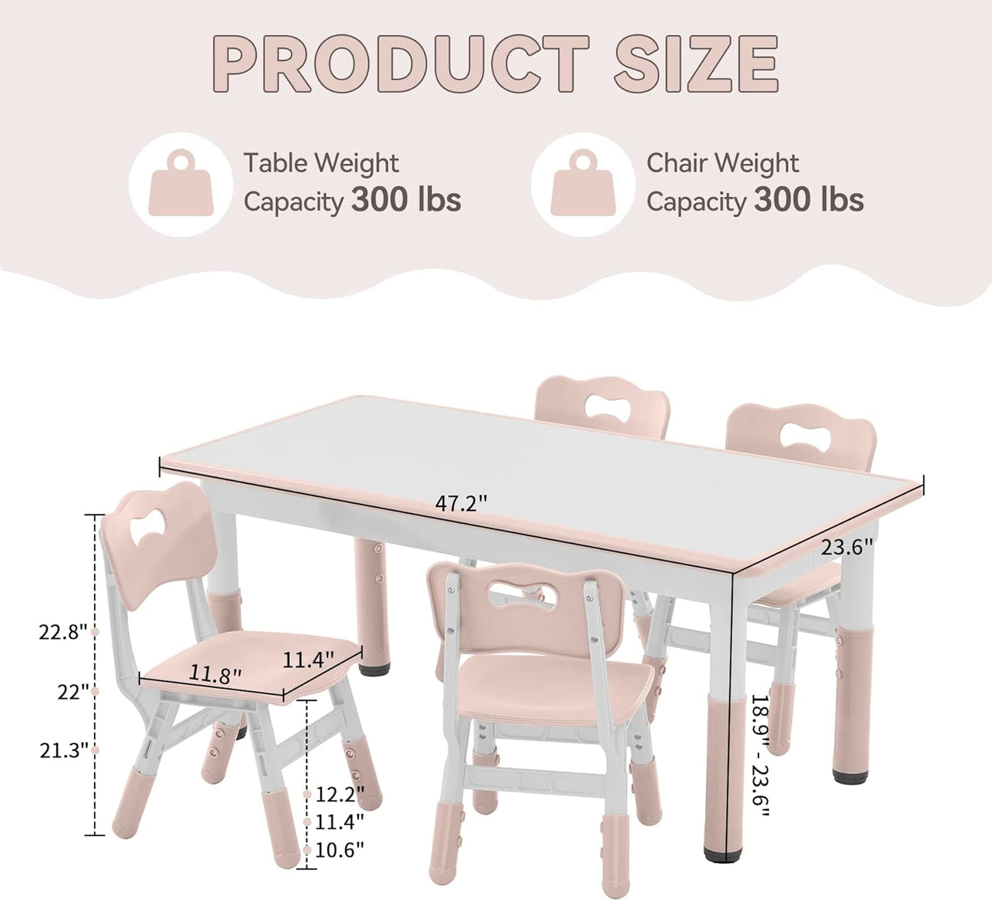Kids Study Table and Chairs Set, Height Adjustable Toddler Table and Chair Set for Kids Ages 3-8, Graffiti Desktop Plastic Children Art Table with 4 Seats, Lovely Pink