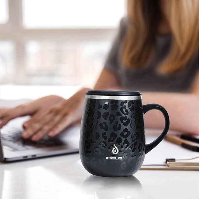 Ideus 16 oz (470 ml) Insulated Coffee Mug with Handle and Lid, Double Wall Stainless Steel Vacuum Thermal Coffee Mug, Travel Coffee Cup Thermal Cup for Home and Office, Leopard Black