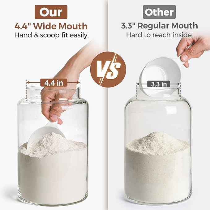 ComSaf 2Pcs (4.2Qt) Wide-Mouth Flour Sugar Storage Containers - Include Scoops & Labels, Easy to Scoop & Airtight, Large Glass Jar for Bakers to Store Bulk Flour, Rice, and Dry Goods in Kitchen Pantry