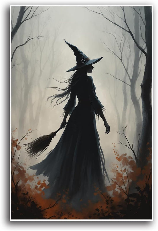 JFHCQJPK Vintage forest witch silhouette poster Halloween mural poster decoration mural art magic suitable for home living room bedroom28x40in Frameless