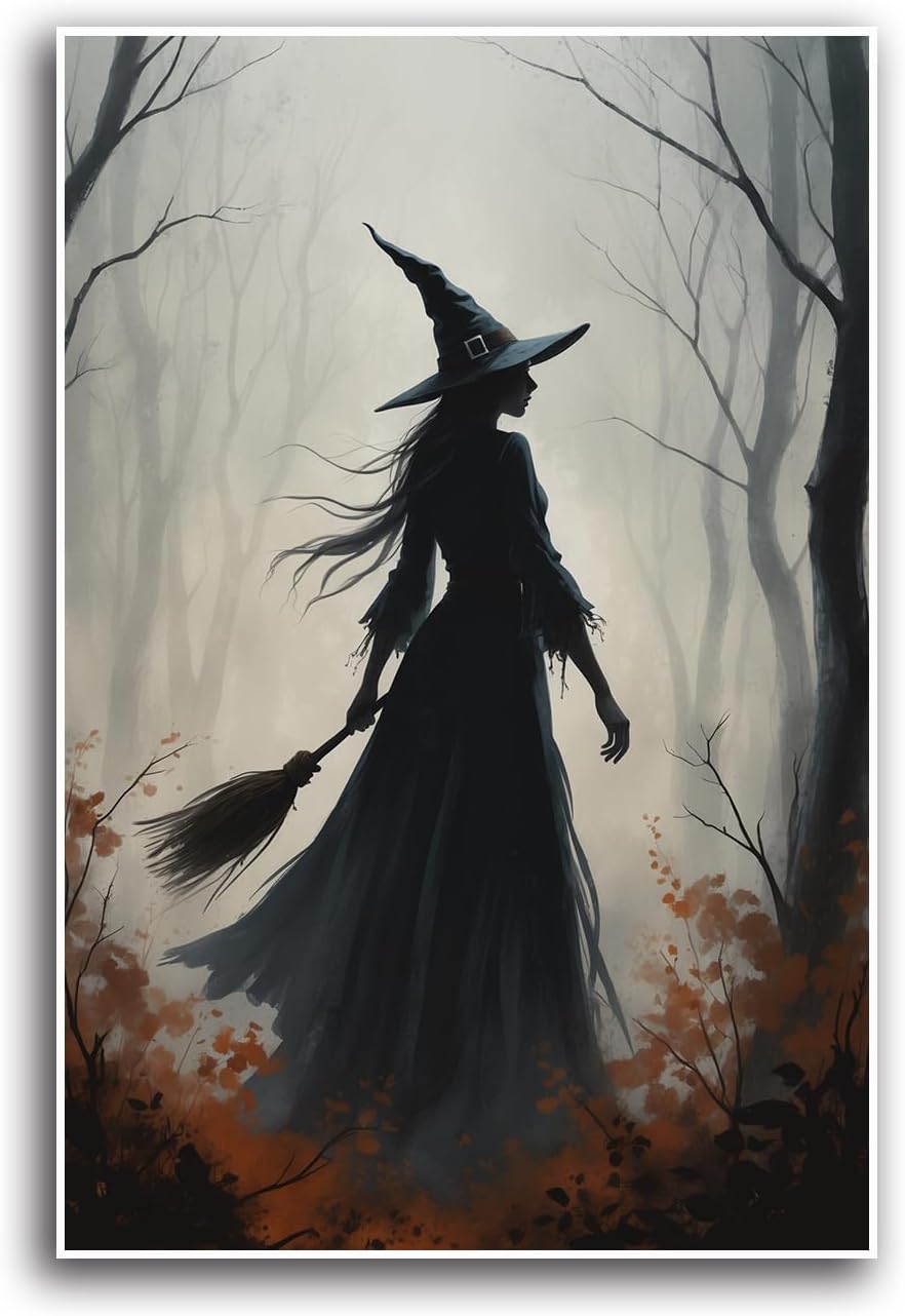 JFHCQJPK Vintage forest witch silhouette poster Halloween mural poster decoration mural art magic suitable for home living room bedroom32x48in Frameless