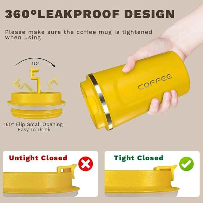 SPLMIFA Travel coffee mugs leak-proof, reusable coffee cup with lid, stainless steel vacuum insulated coffee tumblers, thermal insulation cups for men & women keep drinks hot & cold (2nd-Yellow, 17OZ)