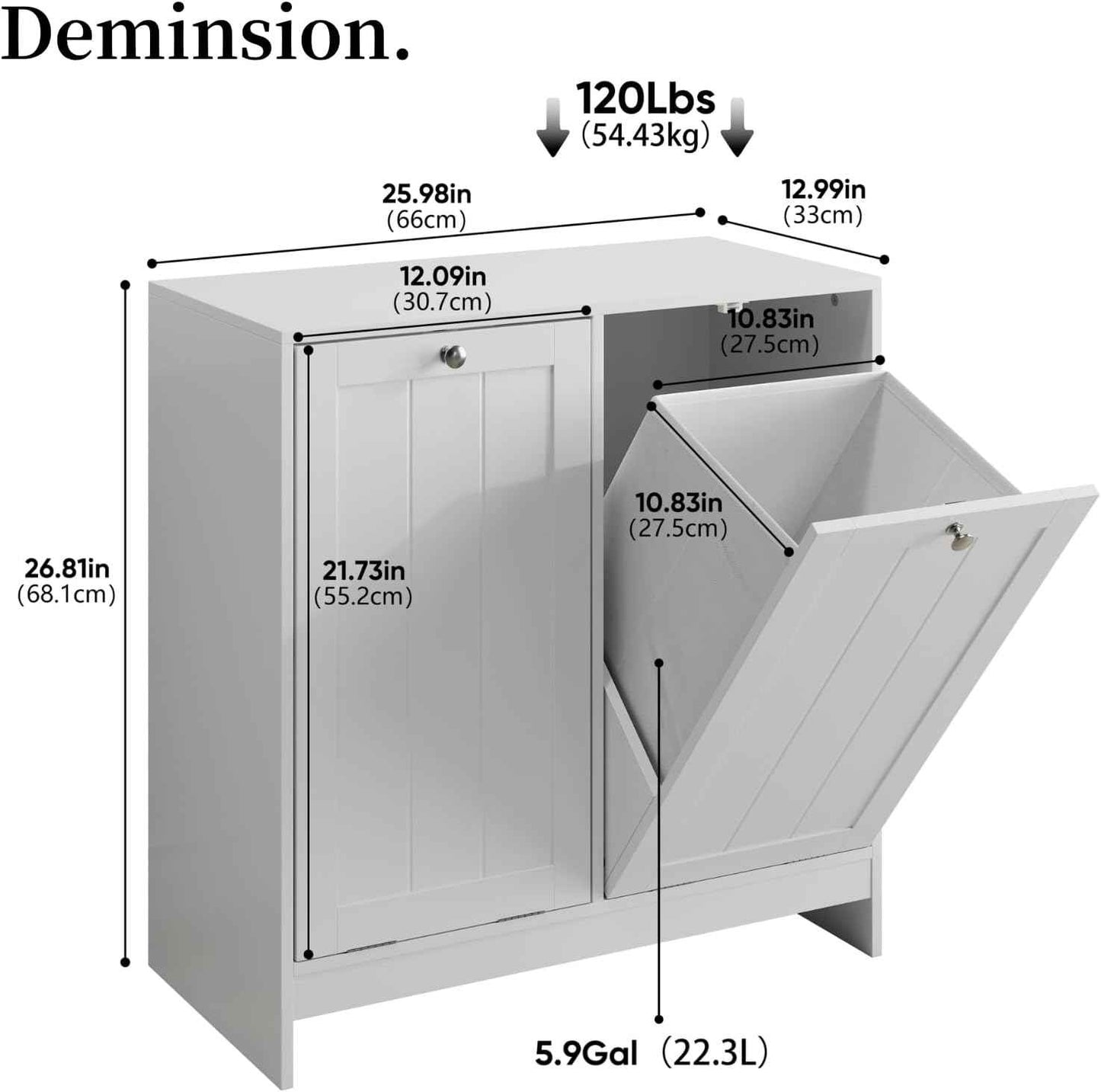 Tilt-Out Double Laundry Hamper Cabinet, White, 26.8" H x 26" W x 12" D, 5.9 Gal Capacity, MDF Construction.