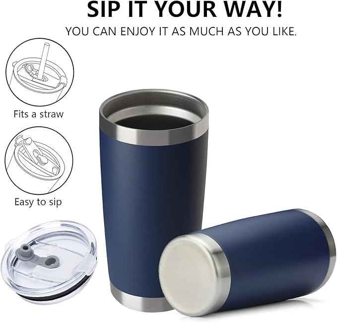 20oz Tumbler with Lid, Stainless Steel Vacuum Insulated Double Wall Travel Mug, Coffee Mug, with Straws and Straws Brush Reusable Coffee Cup (Navy Blue)
