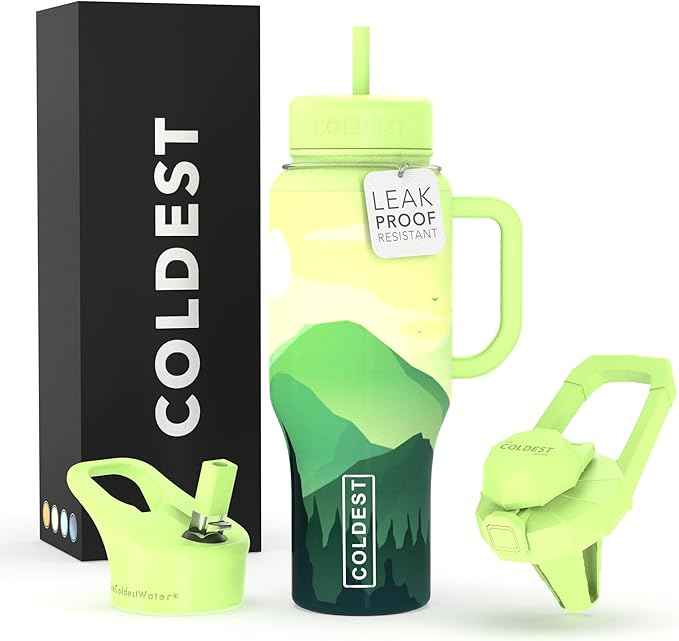 Coldest Tumbler with Handle and Straw - 100% Leak Proof Insulated Tumbler with Lid and Straw (3 Lids) - Stainless Steel Tumblers for Women & Men - Cup Holder Friendly Base, 36 oz (Happy Camper)