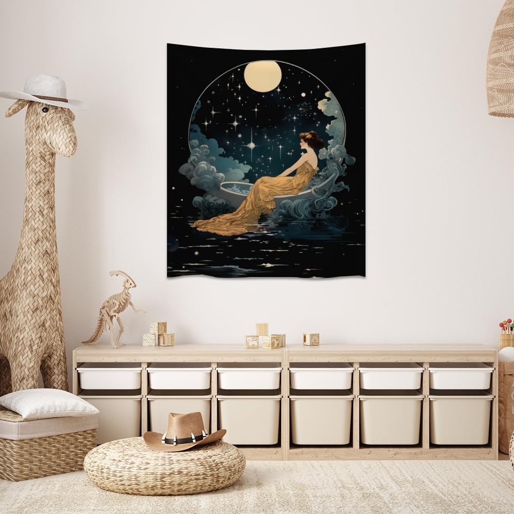 Dark Academia Tapestry Celestial Moonlit Bathing Lady Print Trendy Aesthetic Gothic Wall Hanging Vintage Art Nouveau Tapestries Wall Decor for Bedroom Living Room Dorm 40x60inch