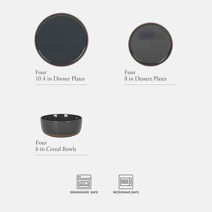 Gibson Elite Northrock Stoneware Dinnerware Set, 12-Piece Service for 4 Plates and Bowls Set – Charcoal Blue Dishes with Hand-Painted Terracotta Base