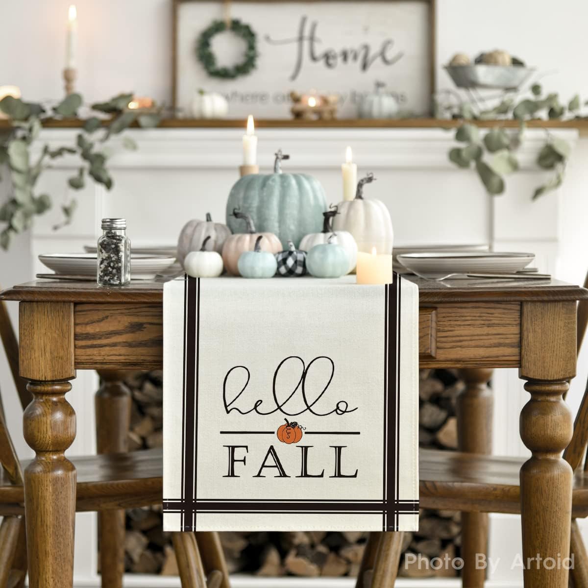 Artoid Mode Hello Fall Pumpkin Table Runner, Seasonal Harvest Vintage Thanksgiving Kitchen Dining Table Decoration for Indoor Outdoor Home Party Decor 13 x 48 Inch