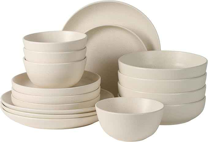 Gibson Elite Leeds Court Plates and Bowls Sets, 16-Piece Stoneware Dinnerware Sets, Cream White, Round Speckle Reactive Glaze Dish Set