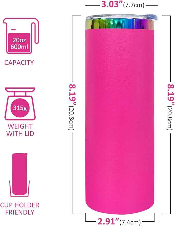 20 oz Skinny Tumblers Stainless Steel Tumbler with Lid and Straw Double Wall Vacuum Insulated Coffee Mug 20oz Powder Coated Cup for Hot and Cold Drinks(Rosy,4 pack)