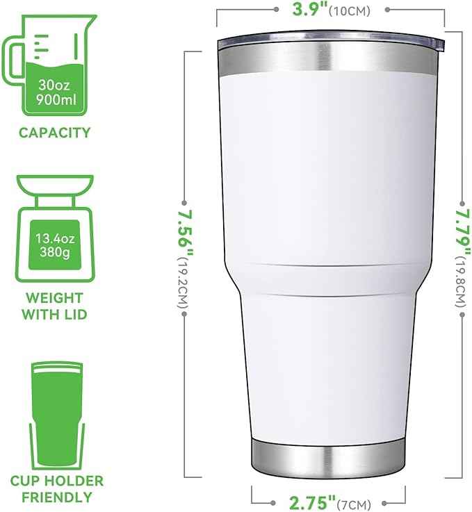 DOMICARE 30oz Tumbler Bulk with Lid and Straw, Double Wall Travel Coffee Mug, Insulated Vacuum Stainless Steel Tumblers, Powder Coated Tumbler Cup (White, 8)