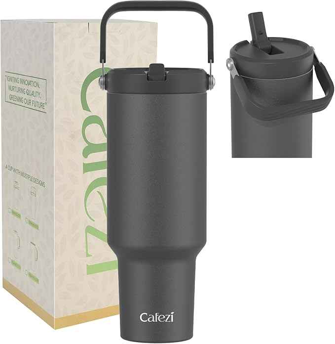 40 oz Insulated Tumbler with Top Handle and Flip Straw, Vacuum Insulated Stainless Steel Cup with Leak-Proof Lid, Sweat-Free, Fits Cup Holder, Keeps Ice Cold up to 30 Hours