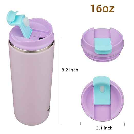 Konokyo Tumbler with Lid, 16 oz Travel Coffee Mug Double Wall Vacuum Stainless Steel Thermal Metal Cup Insulated Water Bottle,Lavender