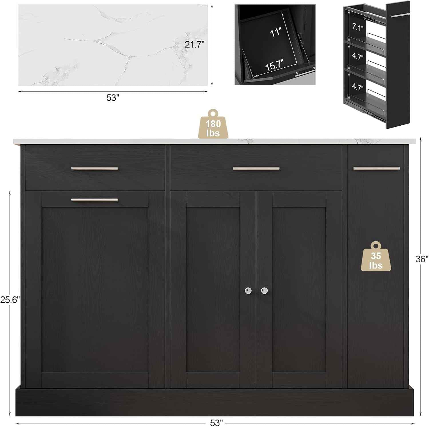 4 EVER WINNER Kitchen Island with Storage, Kitchen Island Cart on Wheels with Trash Can Cabinet, Spice Rack & Towel Rack, Kitchen Island Table with Faux Marble Countertop, Black