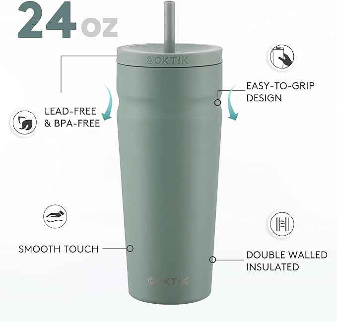 COKTIK 24oz Insulated Tumbler with Lid and Straw Iced Coffee Cup Reusable Stainless Steel Travel Mug Water Bottle Cupholder Friendly for Women Men Her Him (Bay Leaf)