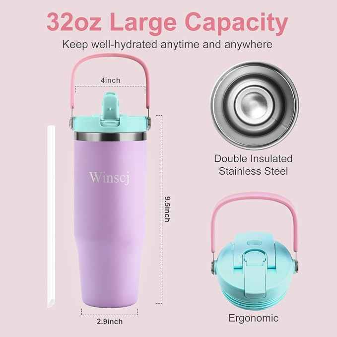 32 oz Tumbler with Handle and Flip Straw,Keep Cold or Hot,Fits in Cup Holder,Reusable Leak Proof Stainless Steel Vacuum Water Bottle,Suitable for Home Gym Trave, Easy to Carry(Purple)