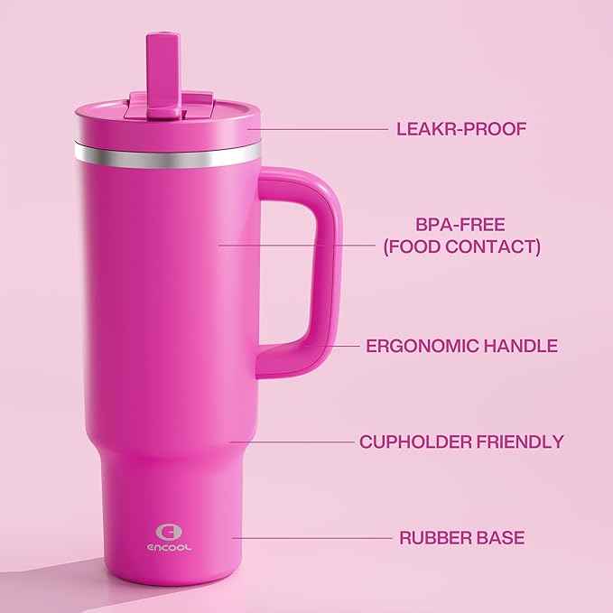 ENCOOL 40 oz Tumbler with Handle and Straw: Stainless Steel Insulated Tumbler Keeps Cold for 24 Hours, Leakproof Travel Cup Fits in Cup Holder and BPA-Free,Persian Rose