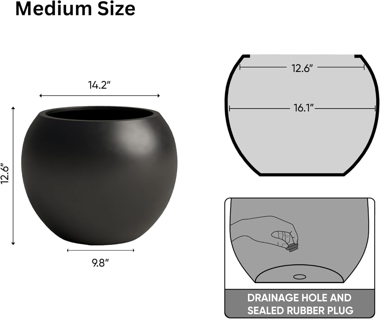 DTY Signature Mount Sherman Lightweight Durable Modern Fiberstone Sphere Planter for Indoor & Outdoor Drainage Hole & Rubber Plug Weather Resistant, 13.5" H x 17" Dia, 12" Opening- Medium, Black