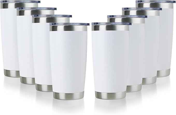 DOMICARE 20oz Stainless Steel Tumbler Bulk with Lid, Double Wall Vacuum Insulated Travel Mug, Powder Coated Coffee Cup, Powder White, 8 Pack