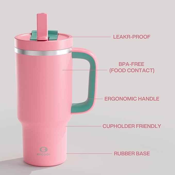 ENCOOL 32 oz Tumbler with Handle and Straw: Stainless Steel Insulated Tumbler Keeps Cold for 24 Hours, Leakproof Travel Cup Fits in Cup Holder and BPA-Free,Tulip