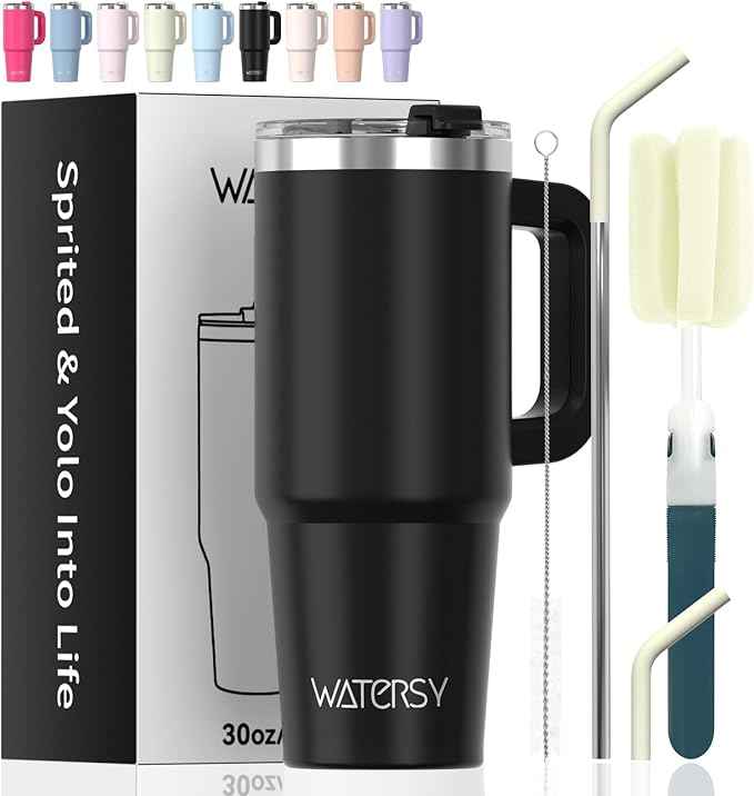 30 oz Tumbler with Handle,Tumbler with Lid and Straw,Double Wall Insulated Cup Stainless Steel Travel Mug(Cold for 34 Hours),Water Bottle for Iced Tea,Coffee,Cold Beverages(Black)