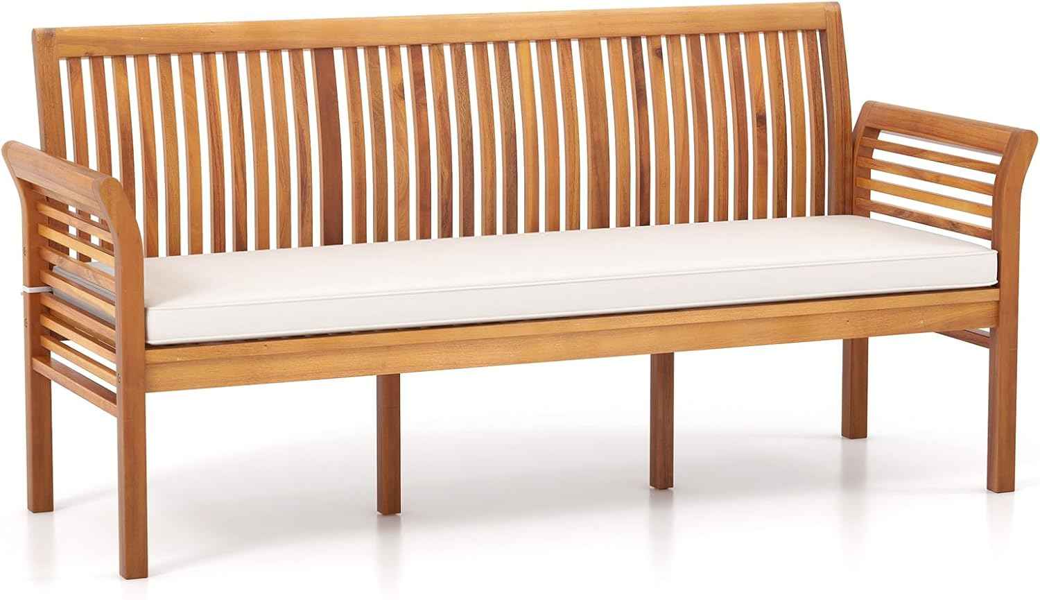 RELAX4LIFE 62.5’’ Outdoor Bench Acacia Wood - 3-Person Patio Bench w/Backrest, Armrests & Removable Seat Cushion, Slatted Wooden Garden Bench for Front Porch Park Backyard, 1200 LBS Weight Capacity